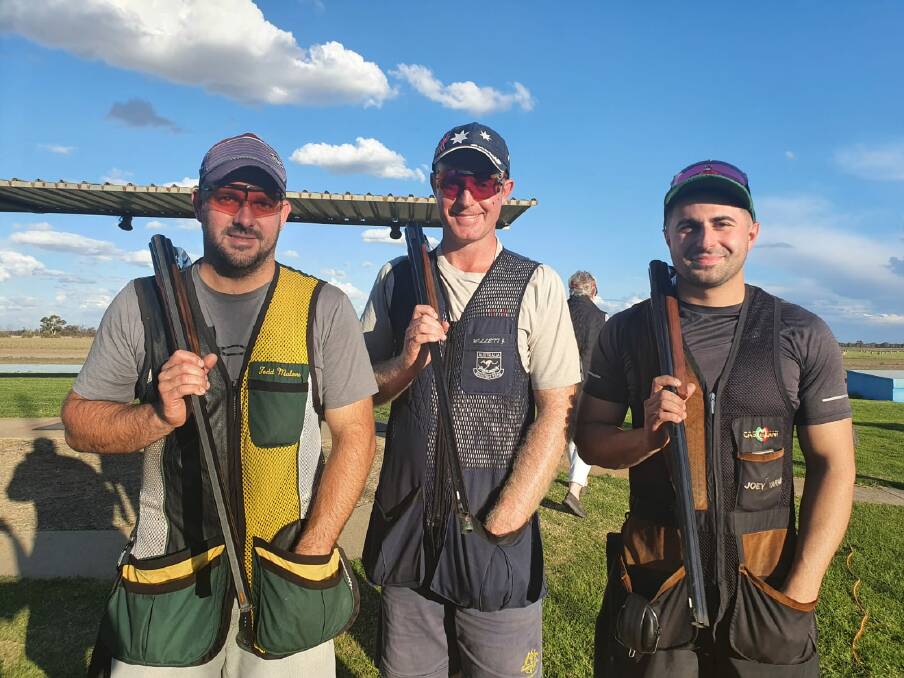 TOP GUN: Border shooter James Willett (middle) held off Todd Malone and Joey Yorak to win the Victorian ISSF Shotgun Championships in Echuca on the weekend. Picture: SHOOTING AUSTRALIA