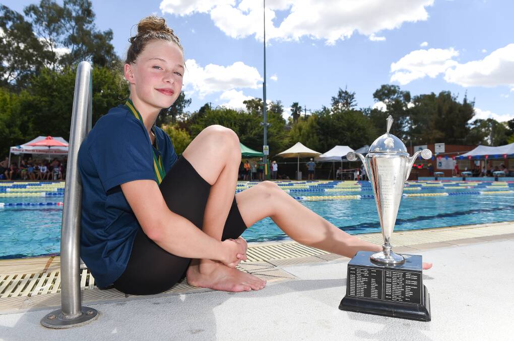 INCREDIBLE: At just 12 years of age, Wodonga City's Lucinda Macleod blitzed the field to claim Gordon Dowling perpetual trophy for the 100m freestyle. Pictures: MARK JESSER