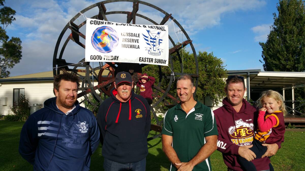 GREAT INITIATIVE: Presidents Andrew Mott (Yarrawonga), David Rose (Mulwala), Andrew Starr (Rennie) and Nathan Lawless (Tungamah) along with Chloe and Matilda Lawless, have been delighted with the introduction of a reciprocal membership between the four local clubs.