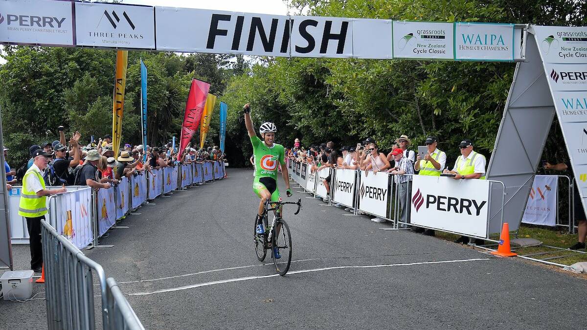 WHAT A MOMENT: Jesse Featonby punches the air after claiming his first UCI stage victory at the New Zealand Cycle Classic on Saturday.