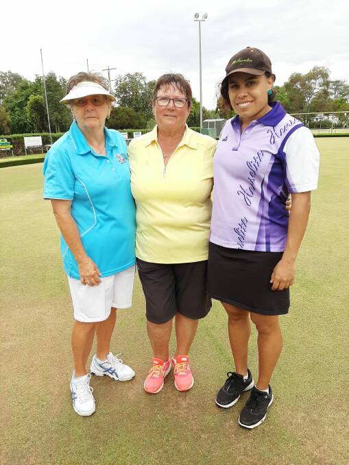 TOP TRIO: Caroline Riley, Mary Tragradh and Kylie Whitehead teamed up to win the Ovens and Murray state triples at Wangaratta last weekend.