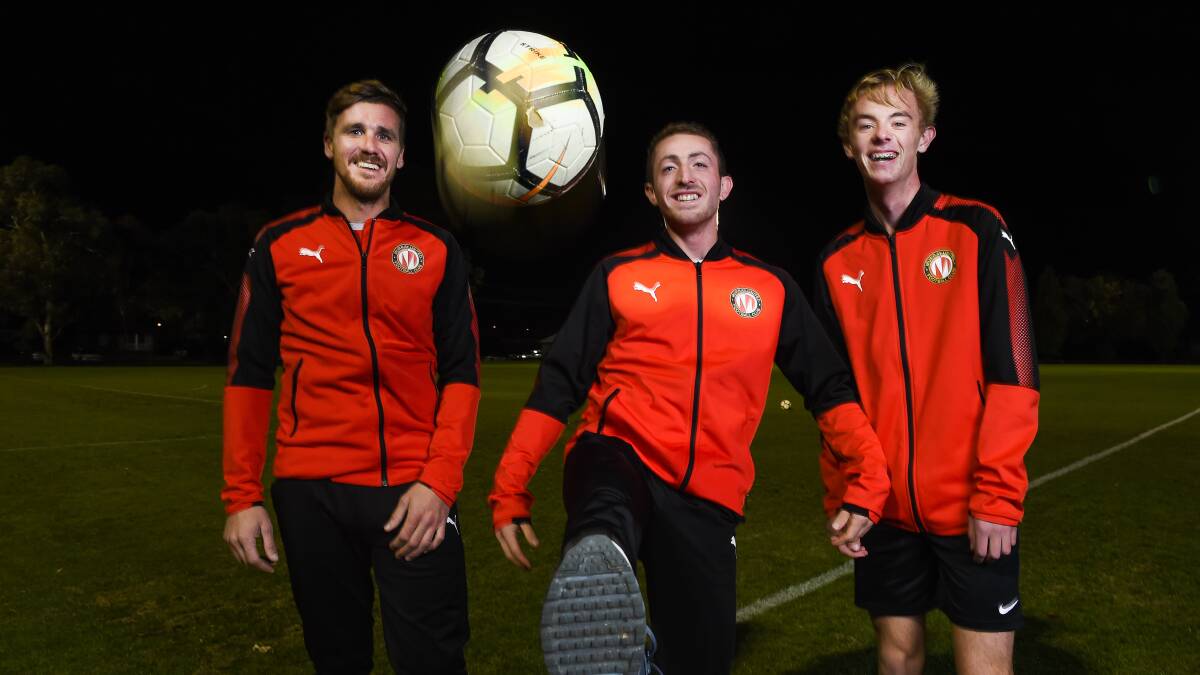 BRING IT ON: Murray United trio Josh Zito, Tom Youngs and Jordan Hore will feature in Wednesday night's FFA Cup clash against Bulleen. Picture: MARK JESSER