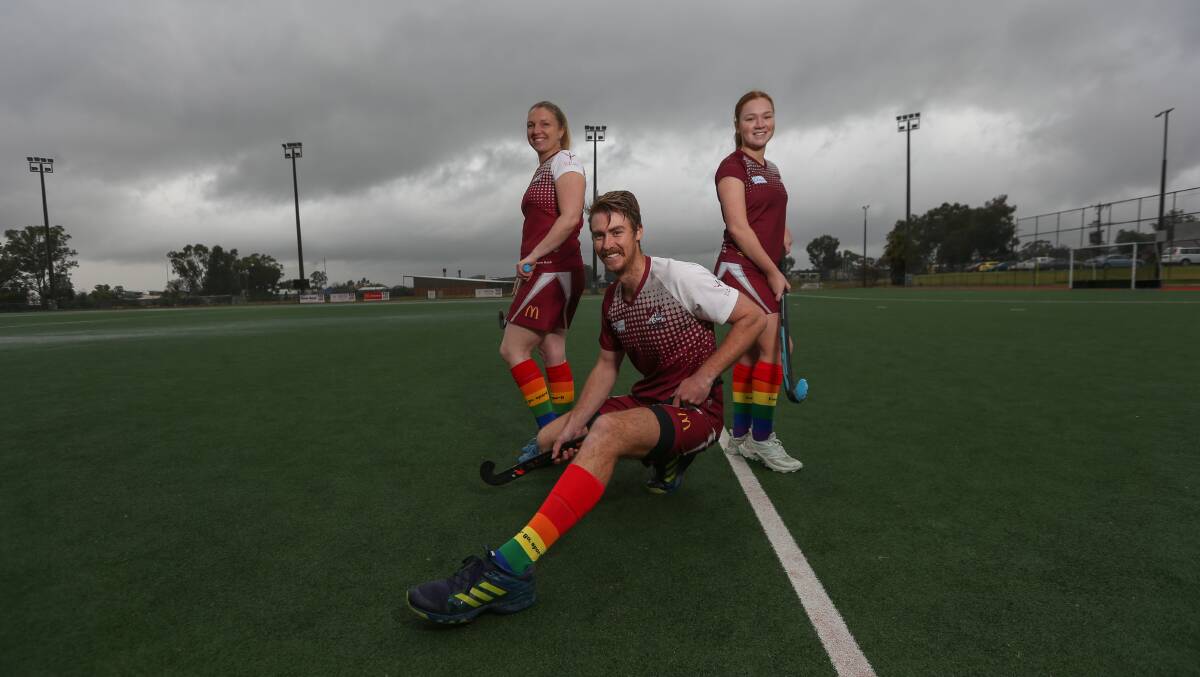 SPORT FOR ALL: Abbey Mitchell, David McQuilton and Rylee Pontt will play in Wodonga Hockey Club's annual Fair Go, Sport round on the Bulldogs' home pitch this weekend. Picture: TARA TREWHELLA