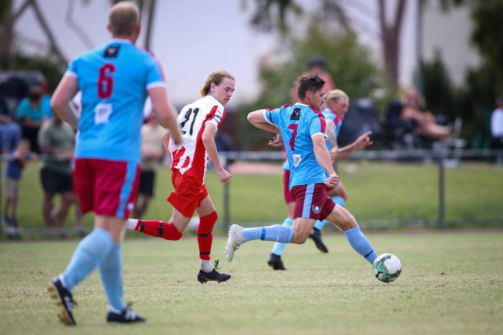 BACK INTO IT: Josh Zito was a key addition to the Twin City Wanderers squad in its win against Wodonga Diamonds on Sunday after most recently playing at Murray United in the NPL in 2019. Picture: JAMES WILTSHIRE