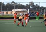 Falcons' Jade Mann wins the ball back from CR United's Abby Bainbridge in the Hockey Albury-Wodonga women's preliminary final on Sunday, September 10. Picture supplied