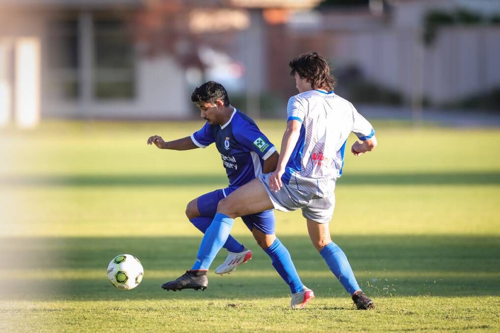 MATCH-WINNER: Sajin Majhi was a handful for the Myrtleford defence and netted a brace to help Albury City to a 4-2 win. Picture: JAMES WILTSHIRE