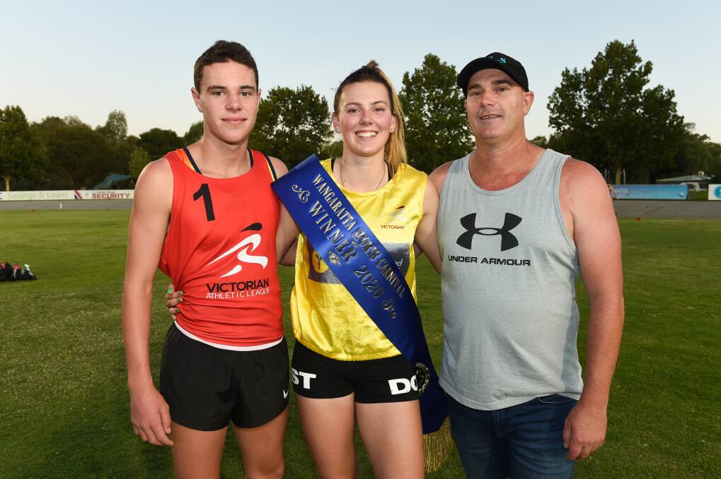 FAMILY TIES: Wangaratta sprinters Jack and Gabbie Boulton, with father Jason, after Gabbie took out the 2020 Wangaratta Gift. Picture: MARK JESSER