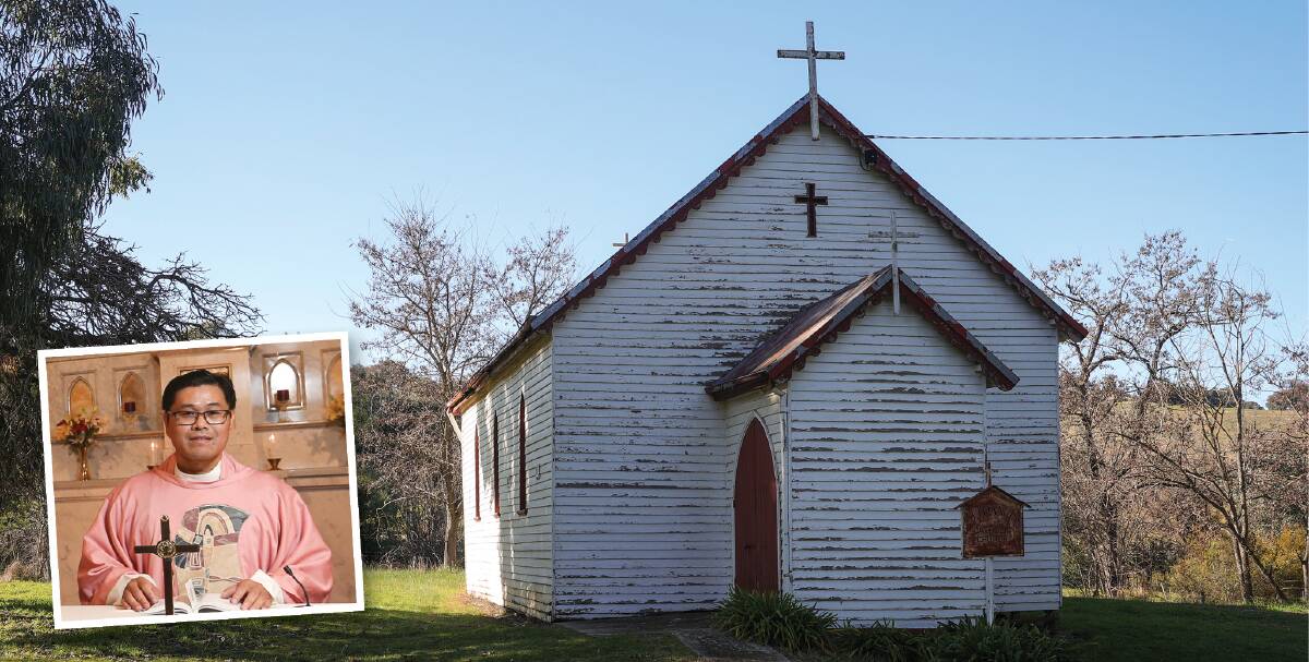 END OF AN ERA: Bethanga's St Francis Catholic Church, built in 1876, is up for sale. Wodonga Catholic Parish priest Father Junjun Amaya (inset) delivered the last mass at the church in December of 2019. Pictures: JAMES WILTSHIRE