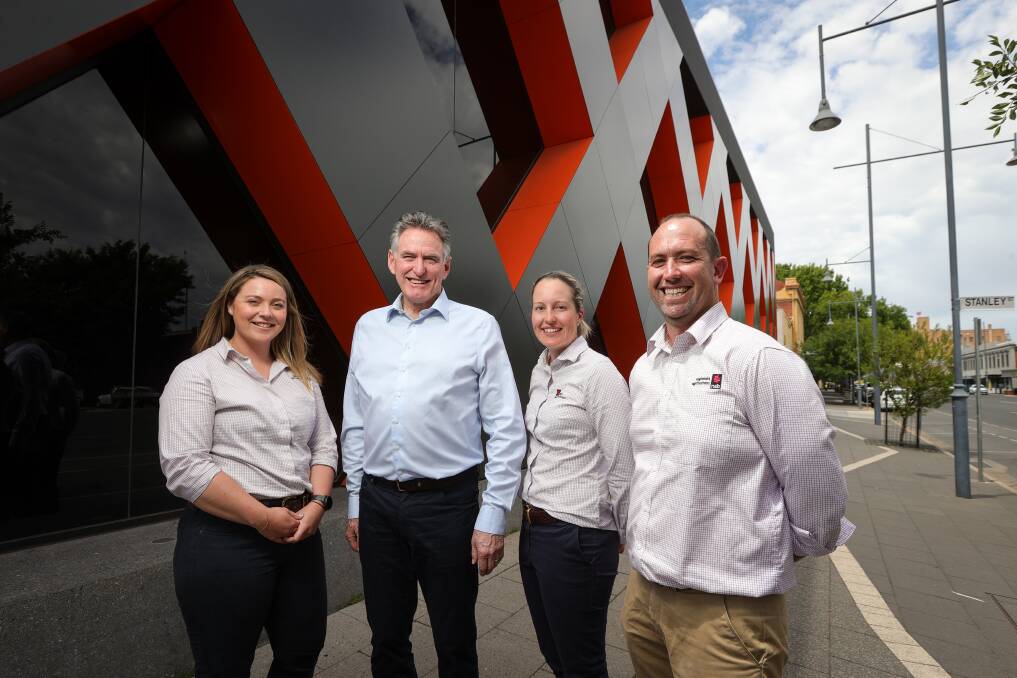 NAB chief executive Ross McEwan with Albury NAB Agribusiness staff Millie Bourke, Caitlyn Hiskins and Paul Thorneycroft during his visit to the Border. Picture by James Wiltshire