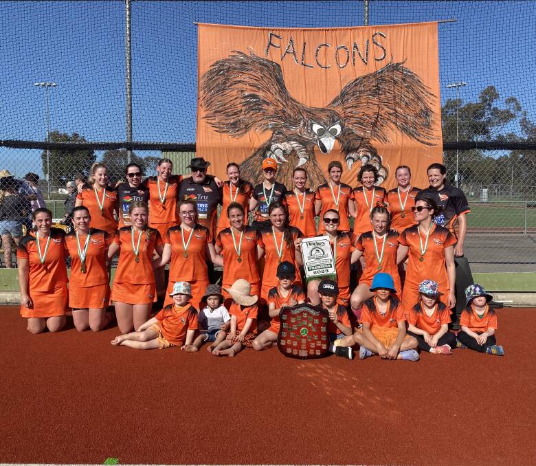 Falcons celebrate after capturing a fifth straight Hockey Albury-Wodonga division one women's premiership on Sunday, September 18. Picture supplied