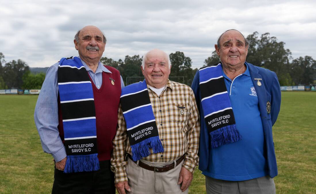 LEGENDARY: Myrtleford Savoy life members Adrian Novak, Dario Marotta and Remigio Novak still attend every home game and will reflect on fond memories of their beloved club at Club Savoy on Saturday night. Picture: TARA TREWELLA