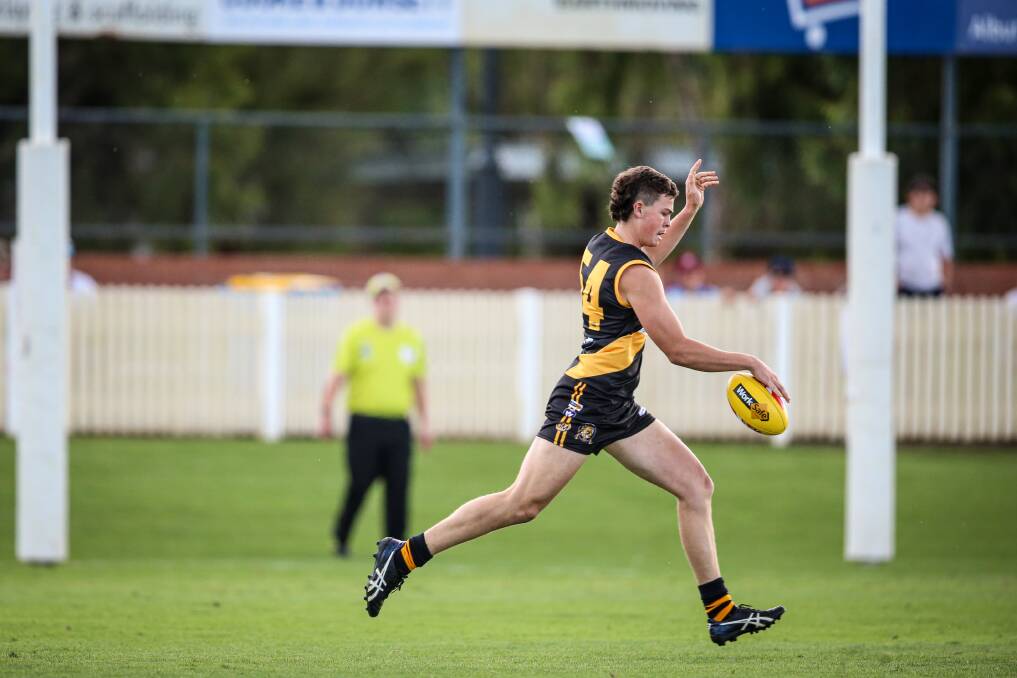 YOUNG GUN: Albury's Daniel Turner stood tall in defence as the Murray Bushrangers demolished Geelong Falcons on Sunday. Picture: JAMES WILTSHIRE