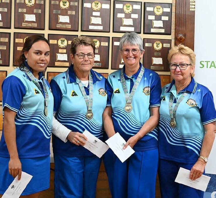 FAB FOUR: Wodonga's Kylie Whitehead and YMGCR's Anne Miles, Laureen Smith and Claire Sanders won the women's fours at Champions Week. Picture: BOWLS VICTORIA