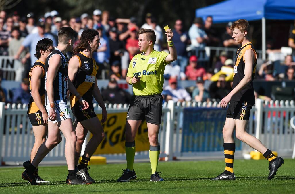 ON REPORT: Jessy Wilson was shown a yellow card by field umpire Jason Raine after striking Wangaratta's Zac Leitch during the Ovens and Murray grand final. Picture: MARK JESSER