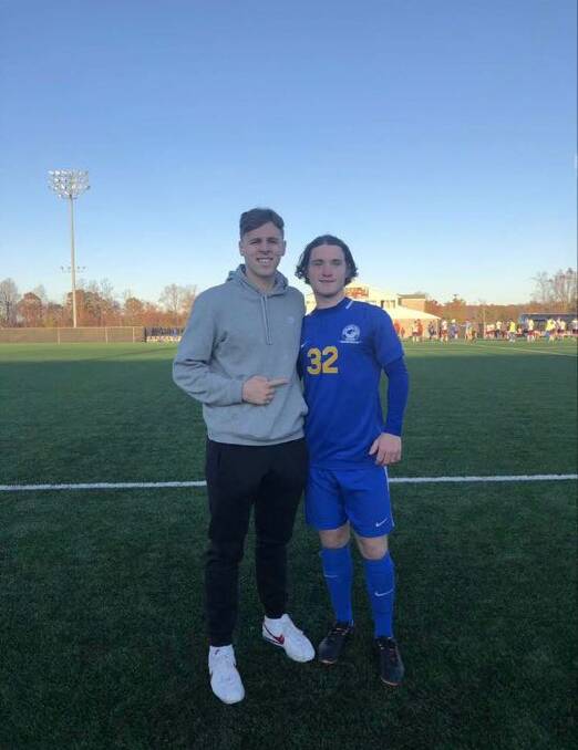 MYRTLEFORD MATES: Jack Milford (right) with close friend Fletcher Caponecchia, after a game for Notre Dame College last year. Caponecchia also plays in the US.