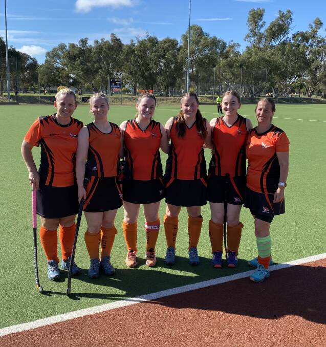SUPER SIX: Falcons' Dionne, Jaiden and Courtney Hartley, Taryn, Casey and Narelle Hamilton played together in the Hockey-Albury Wodonga season opener prior to Easter. Dionne and Narelle are sisters and the girls are cousins.