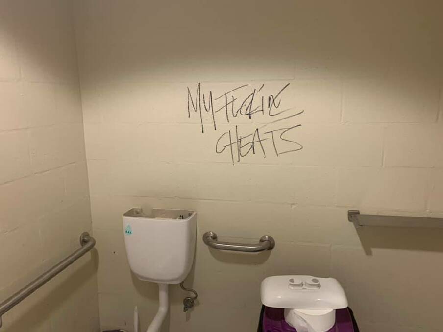 DEFACEMENT: Graffiti which labelled Murray United as cheats was discovered Sunday morning in the disabled toilet of the soccer facility at Wodonga's La Trobe University. 