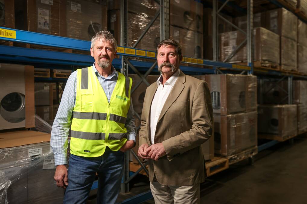 Seeley International group managing director Jon Seeley and Benambra MP Bill Tilley at the company's Wodonga factory in 2023. Picture by James Wiltshire