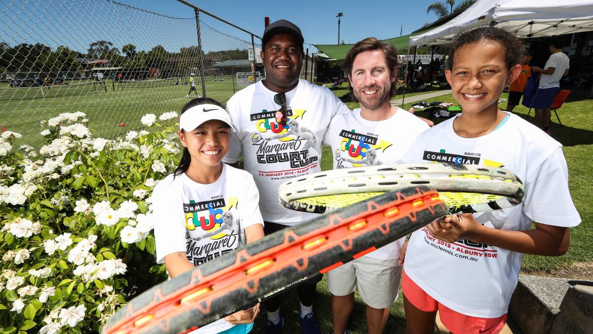 NEW ENVIRONMENT: Conatsu Kaga, Yanni Honila (tour coach) Gary Purcell (ITF development officer) and Zorika Morgan have travelled from the Pacific Islands for the 2018 Margaret Court Cup in Albury. Picture: MARK JESSER