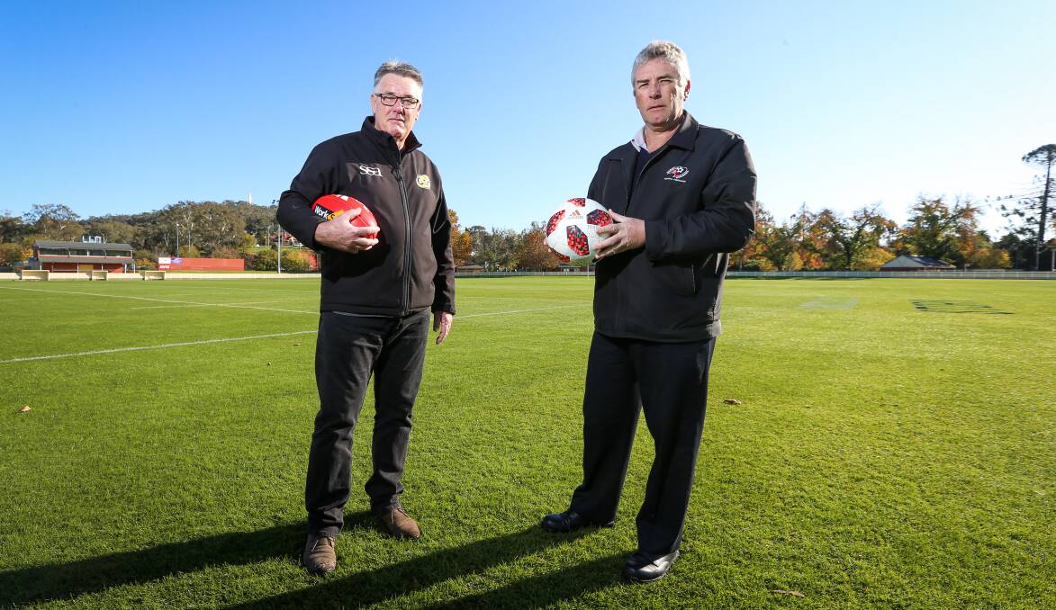 HEAD TO HEAD: Ovens and Murray league chairman David Sinclair and Albury-Wodonga Football Association president Mark Leman will see their respective competition's grand finals fall on the same day in 2021.