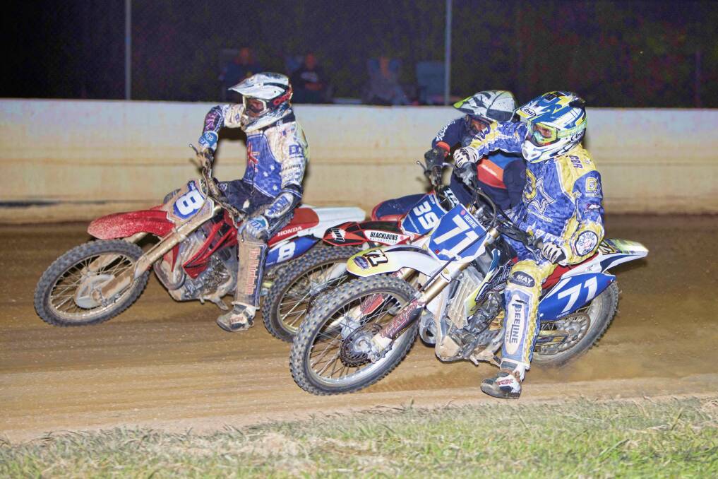 THREE WIDE: Mark Jones, Josh Antone and Jay Hearn fight for front position during the series opener at Diamond Park Speedway. Jones and Chris Seaton lead by three points. Picture: FoTenX Photographic Services