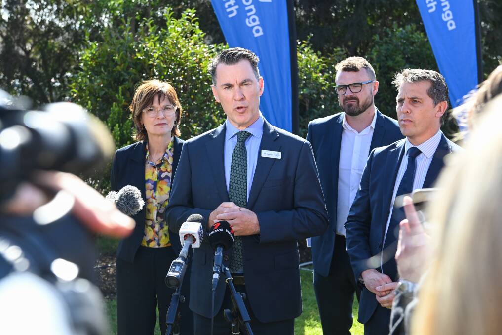 Albury Wodonga Health chief executive Bill Appleby is joined by Victorian Health Minister Mary-Anne Thomas, Albury Wodonga Health chairman Jonathan Green and NSW Health Minister Ryan Park at Albury hospital on Wednesday, September 6. Picture by Mark Jesser