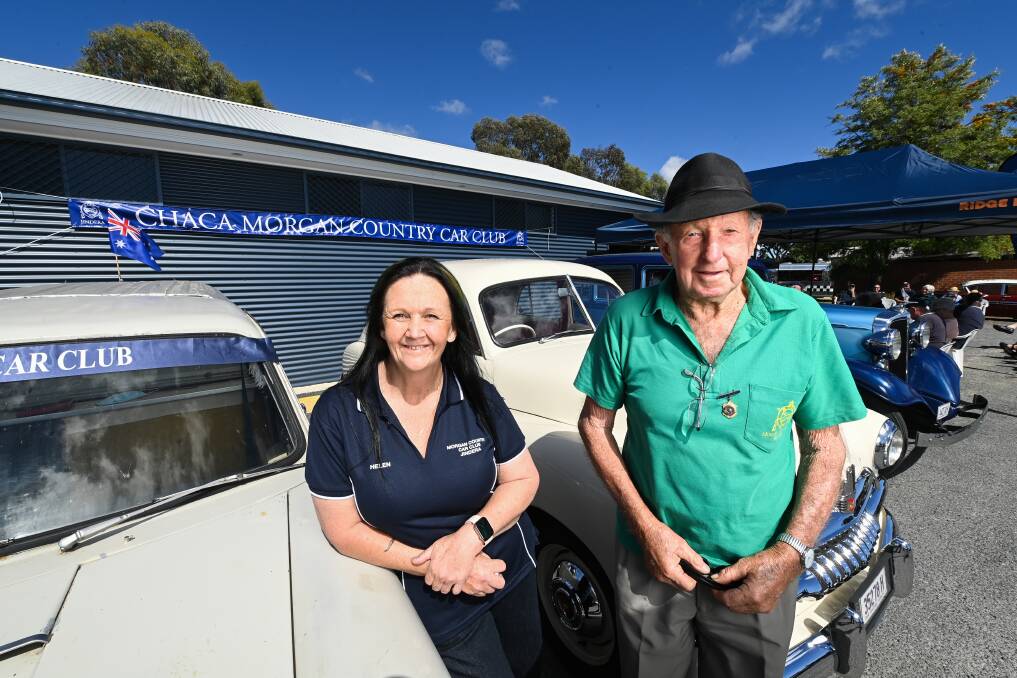 MILESTONE: Morgan Country Car Club president Helen Hadfield and founding member Tom Oram at the new clubroom at Jindera on Saturday. Picture: MARK JESSER