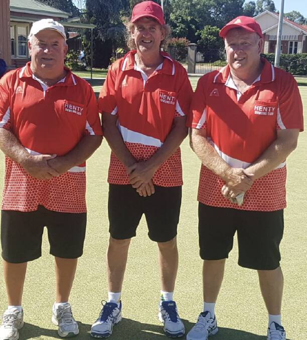 THRILLER: Henty's Kim Maher, Kerry Boyle and Glenn Harrison won the Albury and District open triples.
