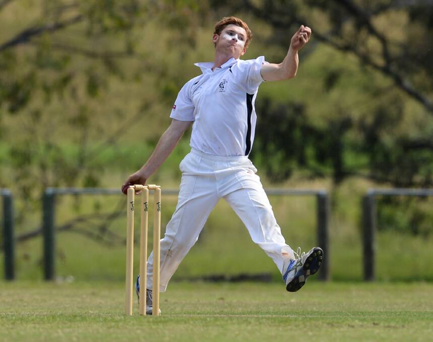 THUNDERBOLT: Kiewa's Jacob Barber strides in during last weekend's victory over Howlong. He finished with figures of 1-31.  Picture: MARK JESSER