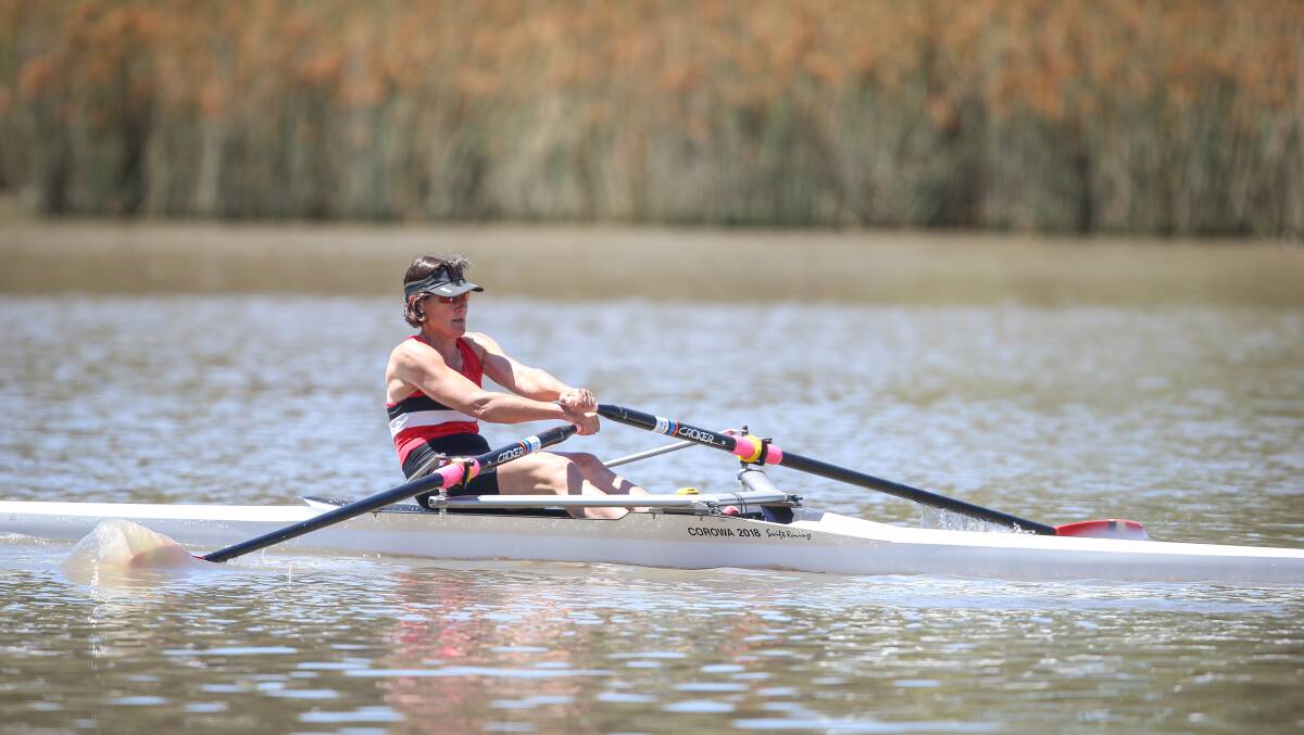 ON THE WATER: Corowa's Julie Underwood in full flow at the Rutherglen Regatta at Lake Moodemere on Saturday. More than 800 entries were taken for the popular event. Picture: JAMES WILTSHIRE
