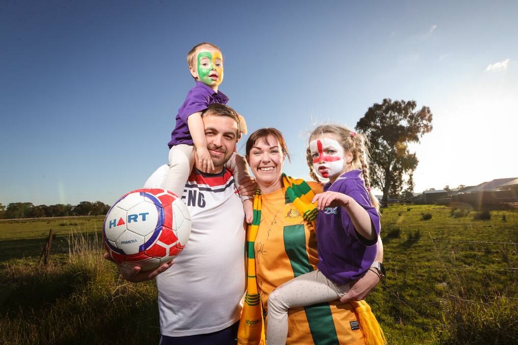 There is support for Australia and England in this Wangaratta household between Dan Kelly and Sarah Morris and their daughters Matilda, 2, and Penelope, 3. Picture by James Wiltshire