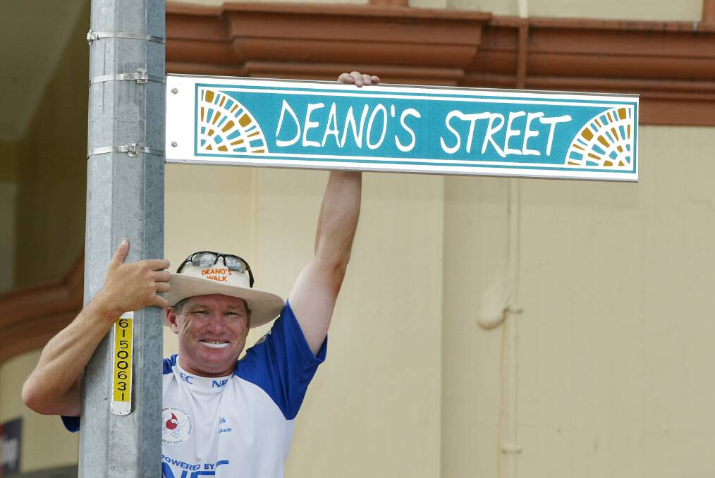 STREET TRIBUTE: Dean Street became Deano's Street for a day to recognise Jones' fundraising efforts for Bone Marrow Donor Institute with a Sydney to Melbourne walk in 2003.