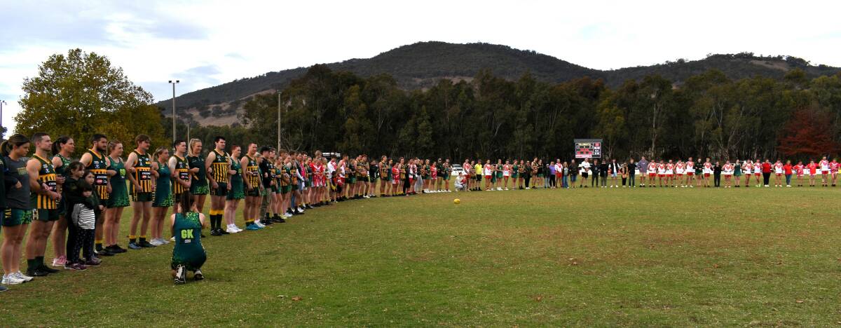 Tallangatta and Chiltern footballers and netballers join as one in a stand against violence ahead of their Tallangatta and District league clash on Saturday, May 4. Picture by Jason Brock