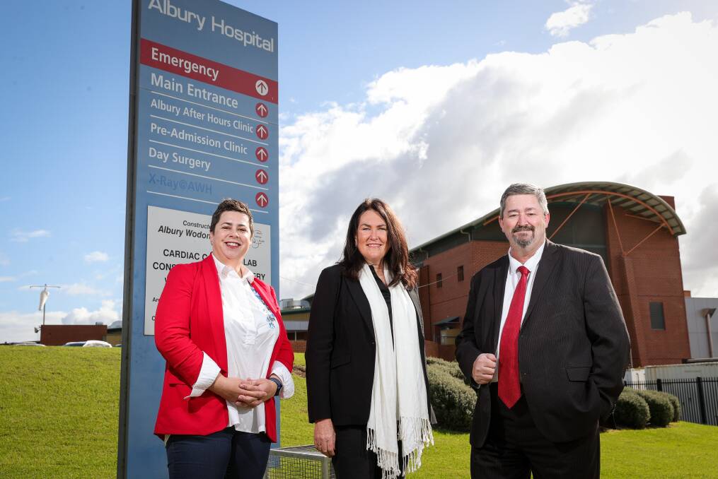 PROMISE: Indi Labor Party candidate Nadia David, senator Deborah O'Neill and Farrer hopeful Darren Cameron say an Albury urgent care clinic will help reduce the strain on hospital emergency departments. Picture: JAMES WILTSHIRE