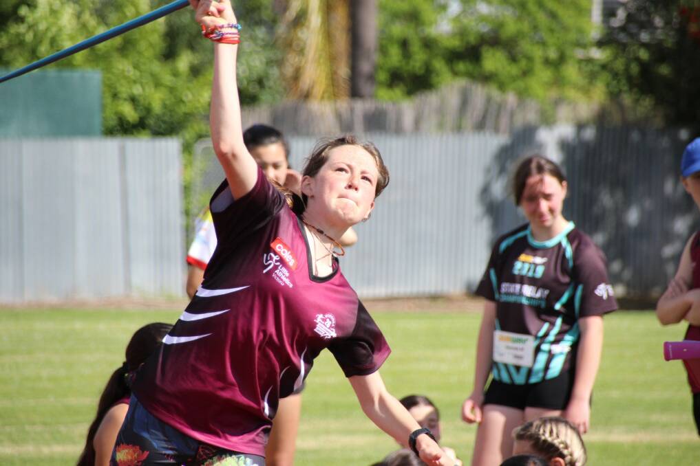 FULL FLIGHT: Rosie Franzke launches a huge javelin throw as Wodonga Little Athletics Centre held its first competition since March last weekend. Picture: RYAN MCMAHON