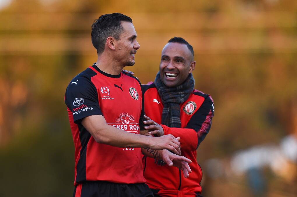 NATIONAL STARS: Archie Thompson and former Socceroos teammate Jade North played together at Murray United last season. Thompson this week signed with Victorian State League side Essendon Royals. Picture: MARK JESSER