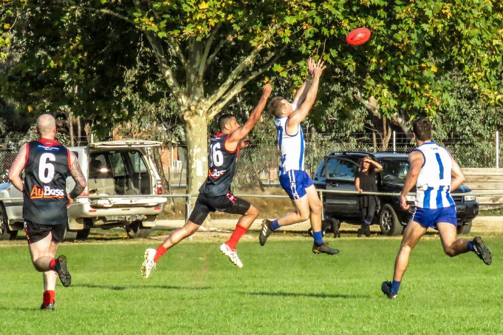 OUT IN FRONT: The Corryong defence had no answers for Tumbaumba forward Daniel Hitchens who booted 11 goals in the Roos' win. Picture: WENDY LAVIS