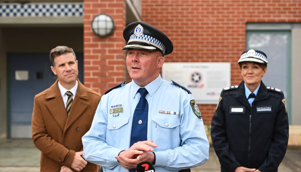 HELP ON THE WAY: Murray River Police District Commander, Superintendent Paul Smith, welcomes the region's new appointments with Albury MP Justin Clancy and NSW Police Commissioner Karen Webb. Picture: MARK JESSER