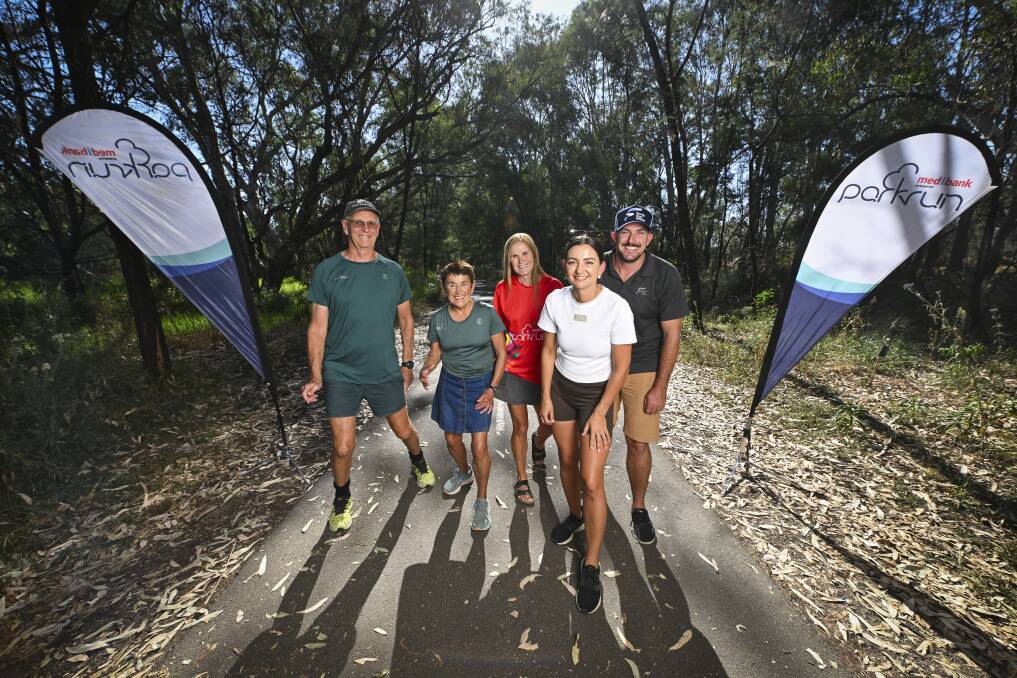 Long-time Albury Wodonga parkrun participants Michael and Nadia Mellor and Chris Wilson, with founders Sarah and Curtis Biggs ahead of the community's 10th anniversary. Picture by Mark Jesser