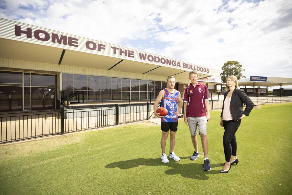 SHOWTIME: Jarrod Redcliffe, Jets captain Jack Maher and filmmaker Rebecca Randall are excited for the premiere of Becoming Bulldogs at The Cube in Wodonga on Thursday night. Picture: ASH SMITH