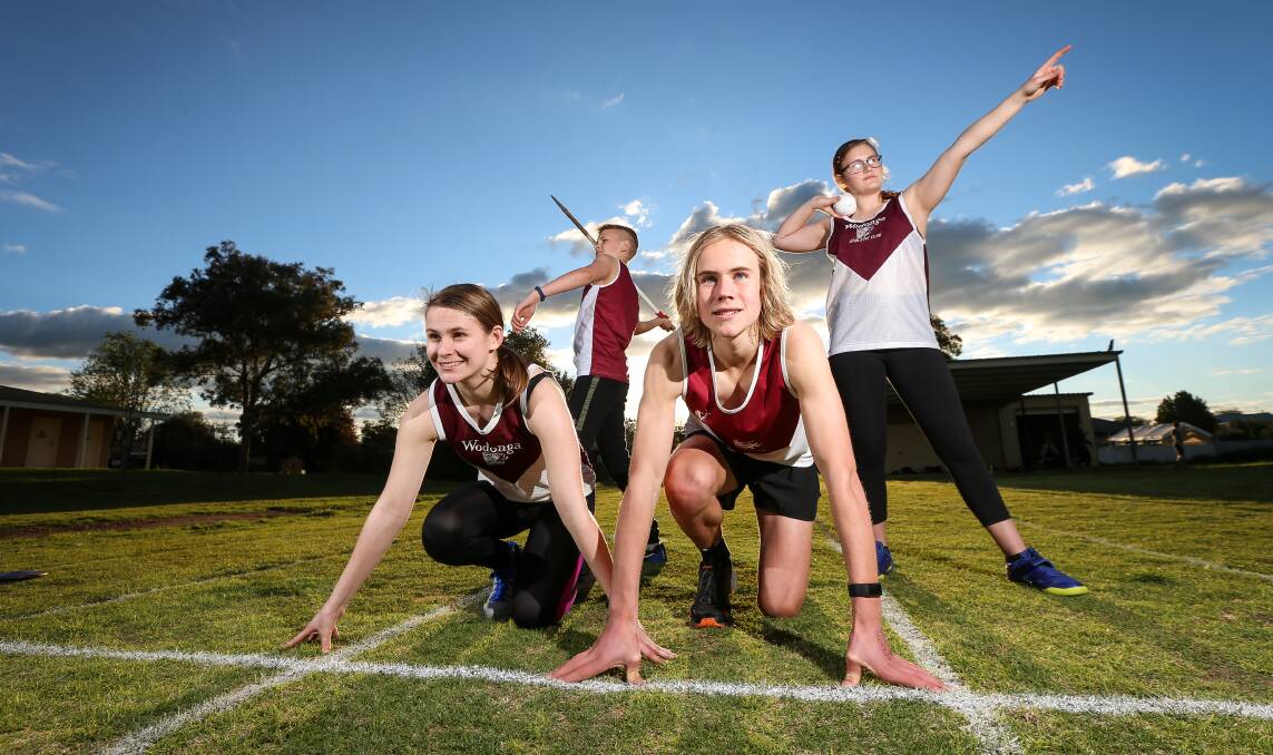 ON YOUR MARKS: Anthea Knight, 14 Nelson Bowey, 14 (front), Elias Knight, 13 and Clio Knight, 14, are gearing up for the start of another big season with Wodonga Athletics Club. Picture: JAMES WILTSHIRE