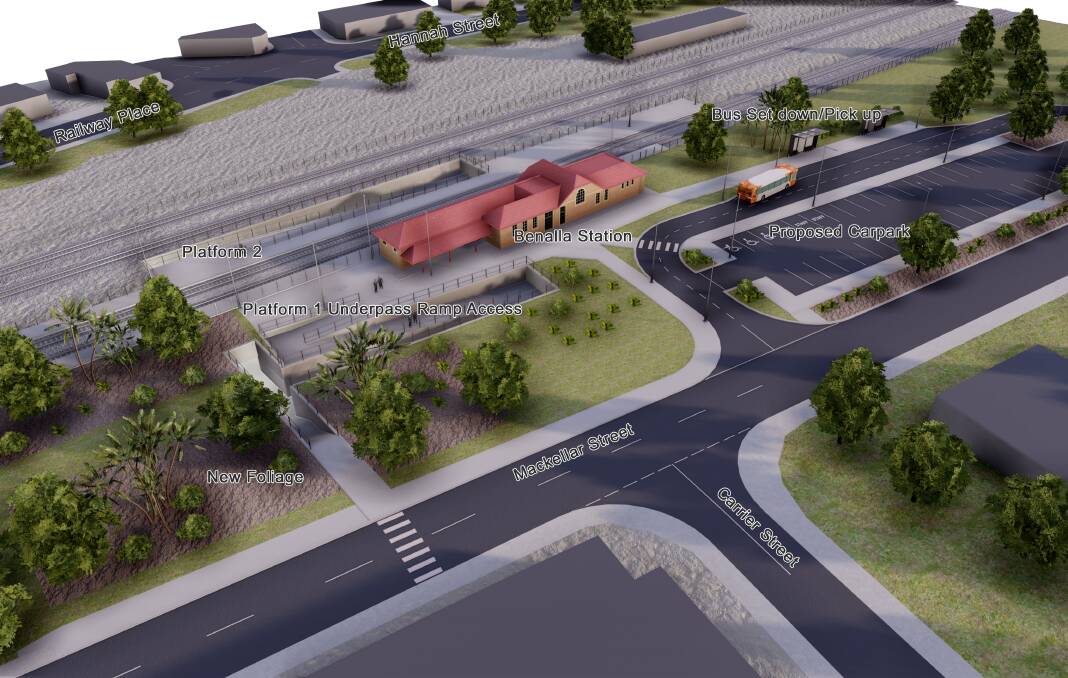 TAKE ONE: The ARTC's Inland Rail team made designs for a track realignment public with a pedestrian underpass (pictured) or overpass at Benalla station. Picture: ARTC