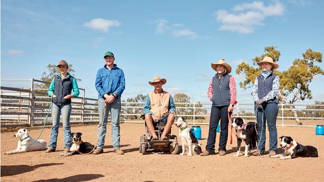 Champion Muster Dog contenders - Lily Davies-Etheridge of Wilcannia, NSW, with Snow; Russ Fowler of Bothwell, Tasmania, with Molly; Steve Elliott of Winton, Qld, with Indi; Cilla Pershouse of Ban Ban Springs, Qld with Ash Barky; Zoe Miller from the Northern Territory with Buddy. Picture supplied by ABC TV