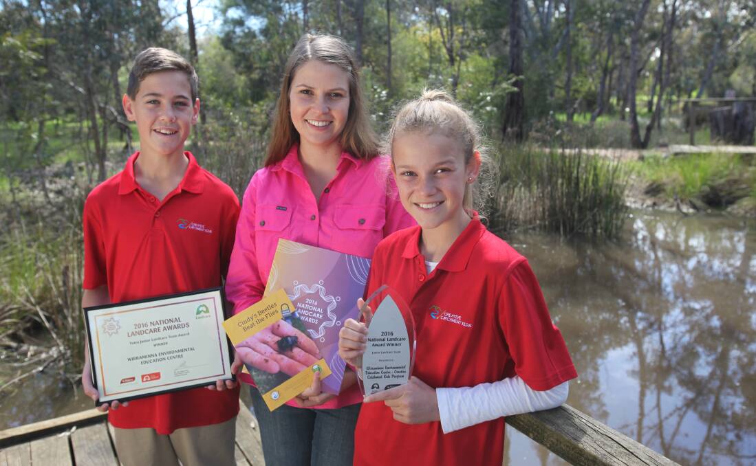 WELL DONE: Charlie Doig, Stacee Bell and Joely Scott represented Wirraminna Environmental Education Centre accepting the Yates Junior Landcare award.