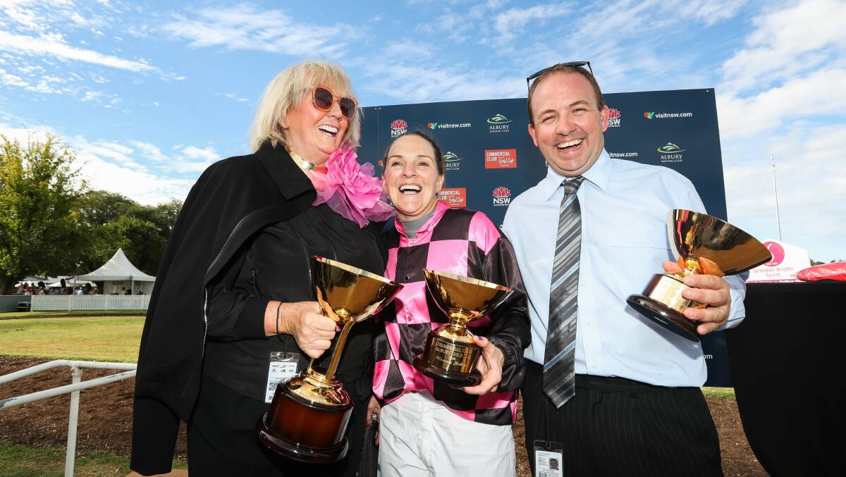 Owner Helen McPhee, jockey Nikita Beriman and trainer Craig Widdison after the win of Willi Willi in Albury Gold Cup. Picture: MARK JESSER