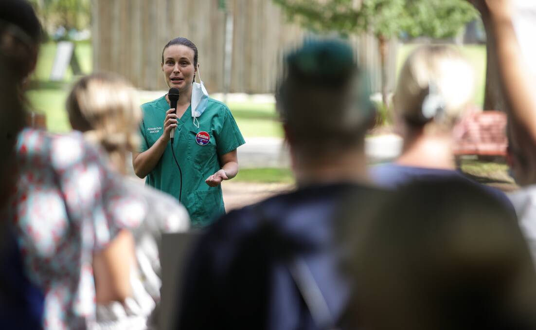 Former Albury councillor and GP Amanda Cohn, pictured at a nurses rally in Albury, says facilitating and funding GPs to become prescribers of medical abortion will improve access in the region. Picture by James Wiltshire