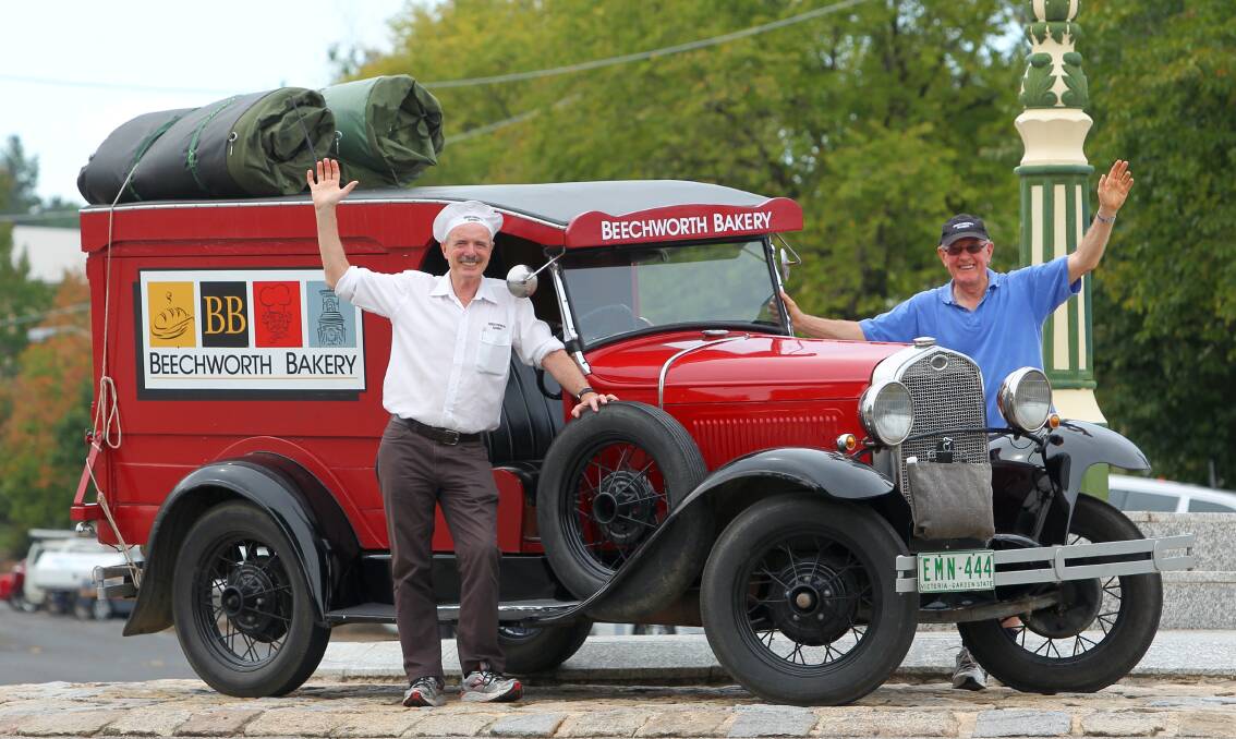 THE THREE AMIGOS: Tom O'Toole and Keith McIntosh will drive back into Beechworth in the 1930 A Model Ford that has taken them from Byron Bay to Western Australia.
