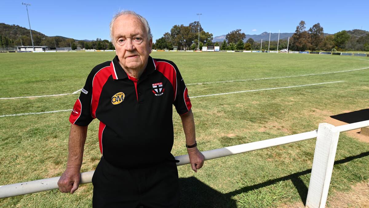 Myrtleford's Ken Johnston has been a volunteer with the Saints for more than 50 years and says crowd limits of 1000 people at matches is unfair. Picture: MARK JESSER