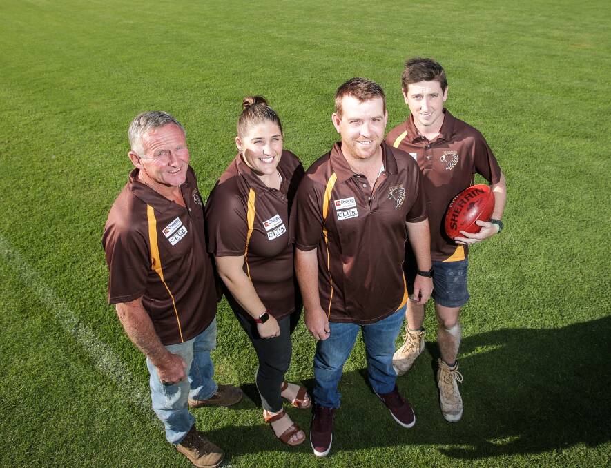 A NEW ERA: North Wangaratta past president Gary O'Keefe, netball coach Bianca Ely, vice-president Allan Ely and president Tim Hogan. "Now everyone's on a high, and I suppose you would be after three years of not having a home ground," Mr Hogan says.  Picture: JAMES WILTSHIRE