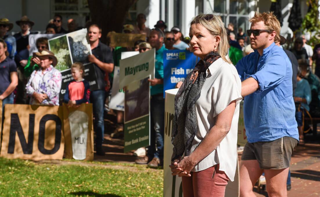 Sussan Ley at a rally in Albury in April, before the federal election, calling for the Murray Darling Basin Plan to be paused. 